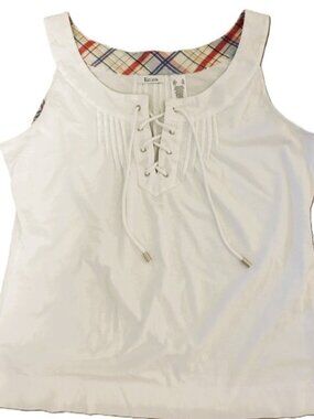 Liz & Co Ladies Top XL White Plaid Colored Trim Inner Woven Drawstring Read